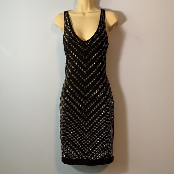 Cache vintage studded rhinestone little black dress Dress stretch sleeveless SML - Picture 1 of 10